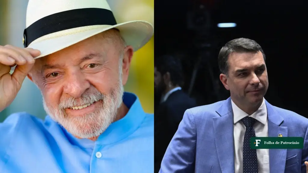 Lula e Flávio Bolsonaro lado a lado, candidatos ao segundo turno em que Flávio lidera pesquisas