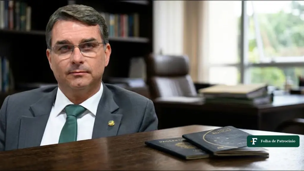 Ilustração gerada por IA mostra o senador Flávio Bolsonaro e dois passaportes sobre uma mesa, em imagem sobre Flávio não entregou os passaportes