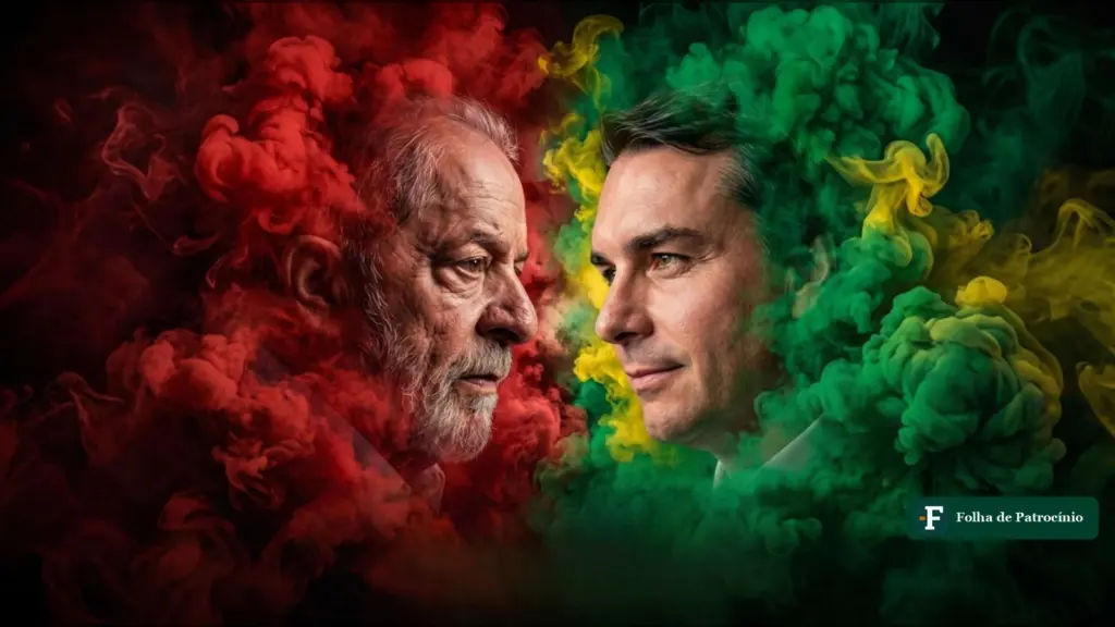 Ilustração com os rostos de Lula e Flávio Bolsonaro frente a frente entre fumaça vermelha e verde, sobre o segundo turno