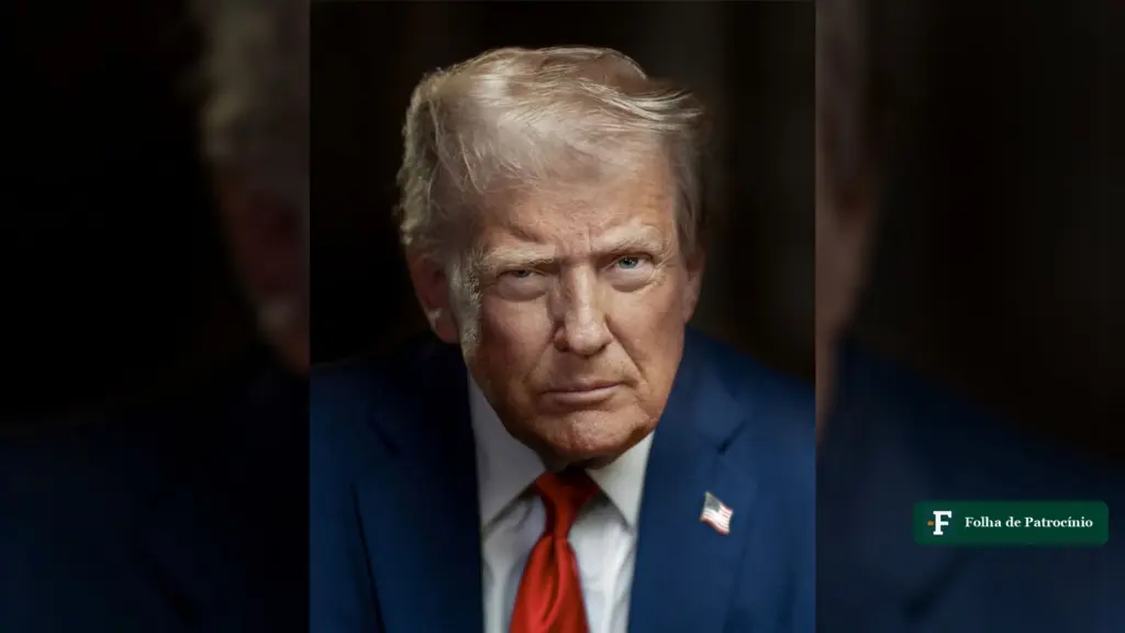 Retrato oficial de Donald Trump, na notícia sobre Flávio nos EUA