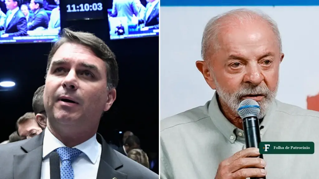 Flávio zerou em 106 urnas: Flávio Bolsonaro e Lula lado a lado, em fotos de discurso
