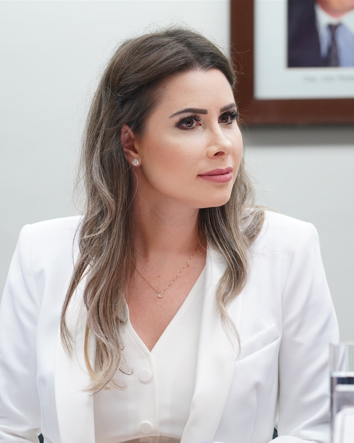 Carol De Toni, que está entre os senadores eleitos em Santa Catarina, de blazer branco à mesa de uma comissão da Câmara dos Deputados