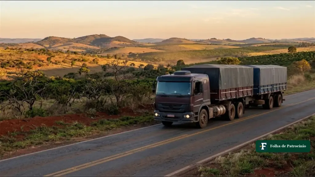 Caminhão bitrem numa rodovia do cerrado mineiro, ilustração do frete em Minas gerada por IA