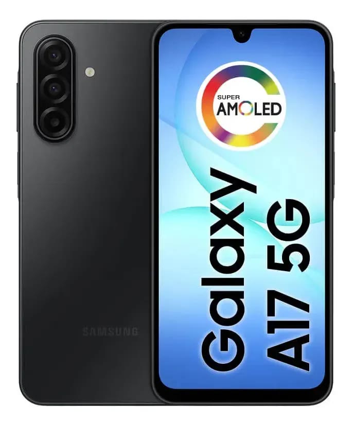 Galaxy A17 5G preto visto de frente e de costas, com o selo Super AMOLED na tela