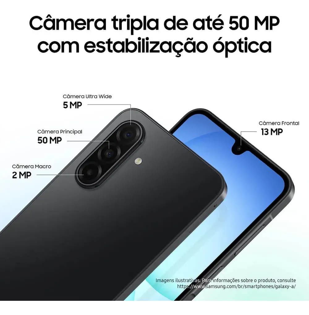 Conjunto de três câmeras traseiras do Galaxy A17 5G, com a principal de 50 MP