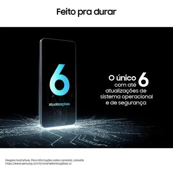 Galaxy A17 5G sobre fundo escuro com destaque para as seis atualizações de sistema