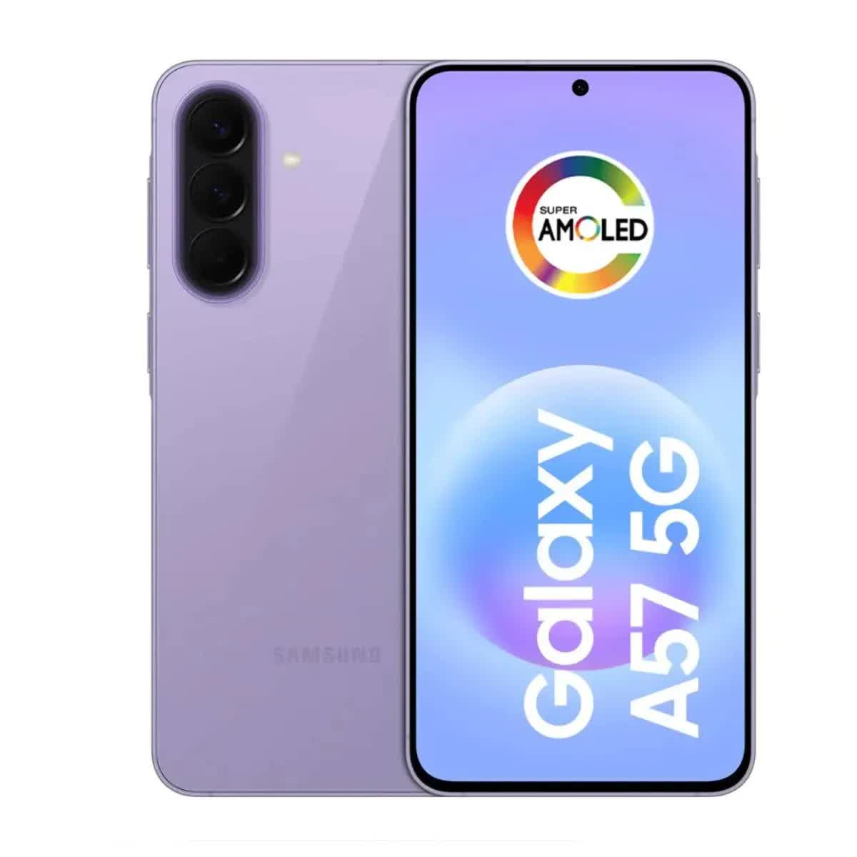 Samsung Galaxy A57 lilás visto de frente e de costas, com a tela Super AMOLED