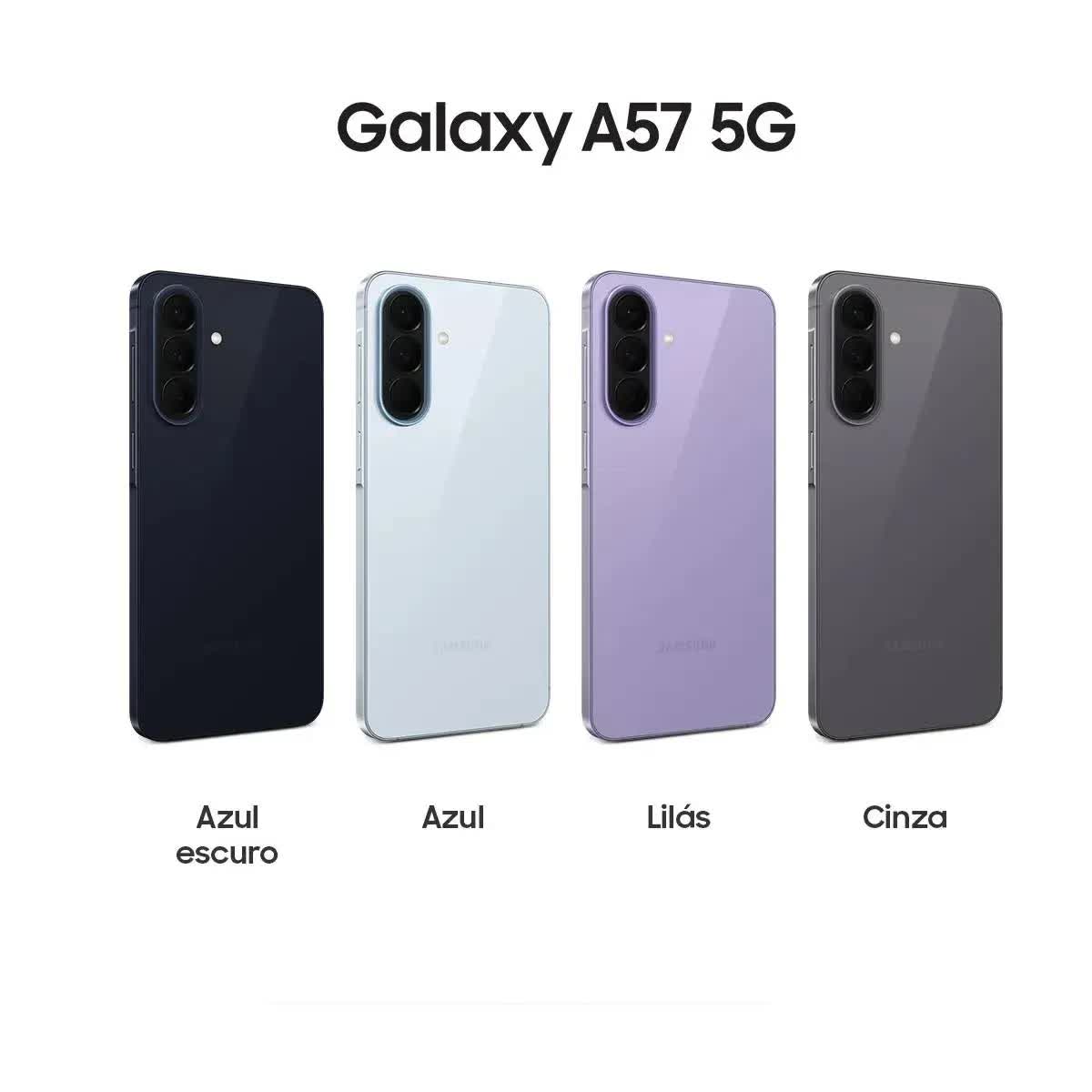 Galaxy A57 nas quatro cores: azul escuro, azul, lilás e cinza
