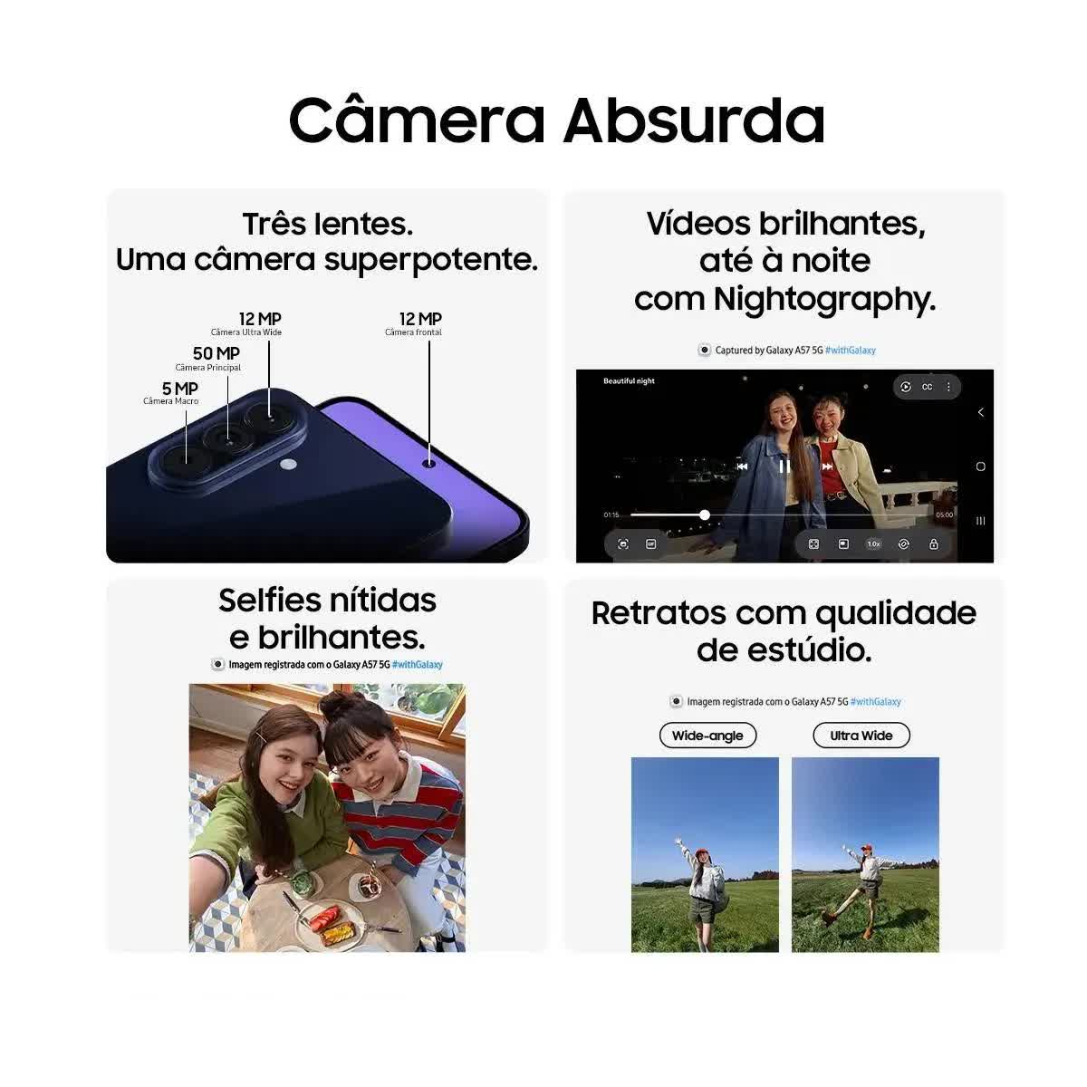 Galaxy A57 com resistência à água IP68 e bateria para dois dias