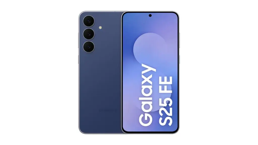 Galaxy S25 FE azul-marinho de 128 GB, frente e verso, em foto do anúncio do Mercado Livre