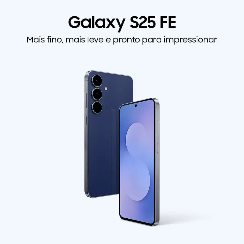 Dois aparelhos Galaxy S25 FE azul-marinho, um mostrando a traseira e outro a tela