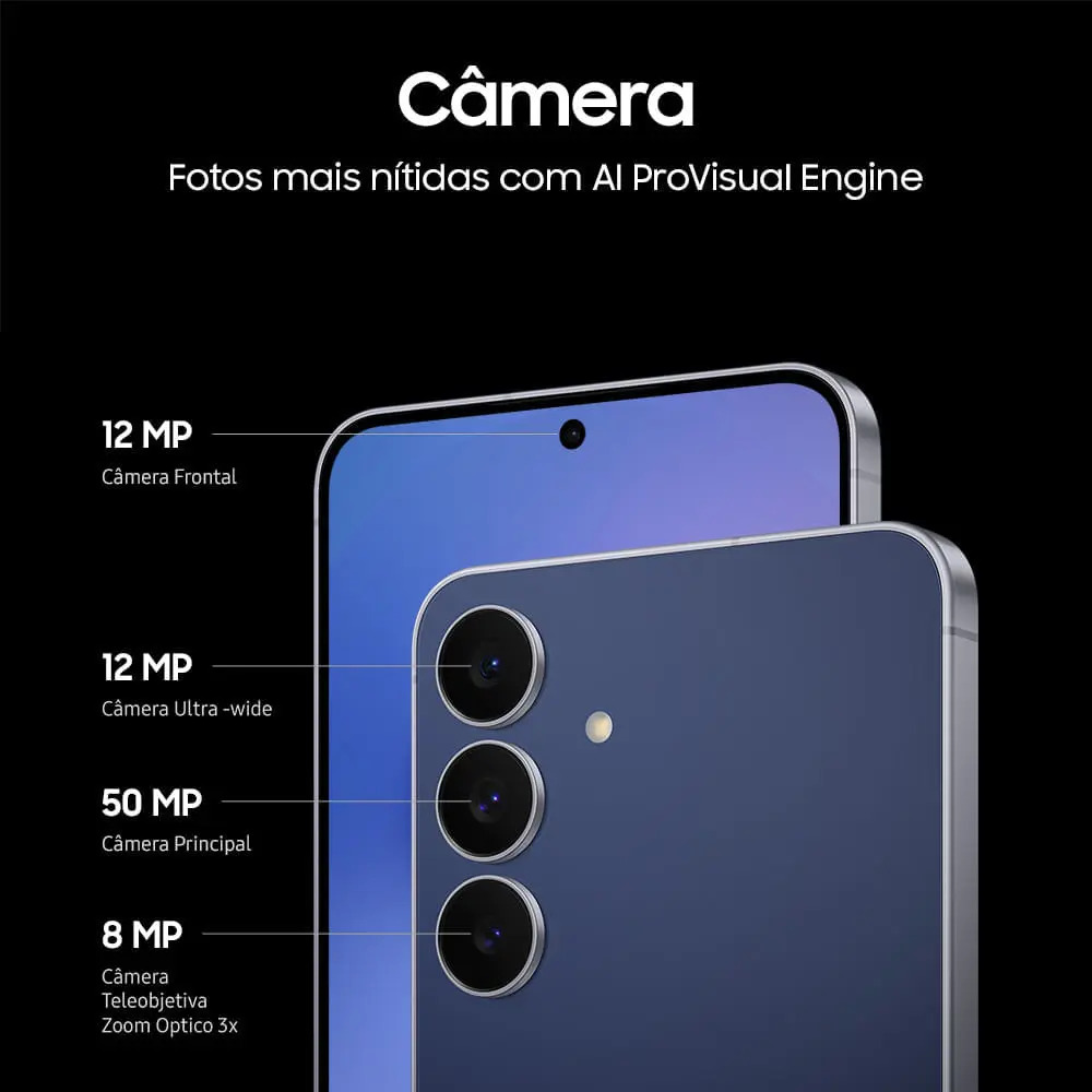 Detalhe das câmeras do Galaxy S25 FE, com indicação de 50 MP na principal, 12 MP na ultrawide, 8 MP na teleobjetiva e 12 MP na frontal