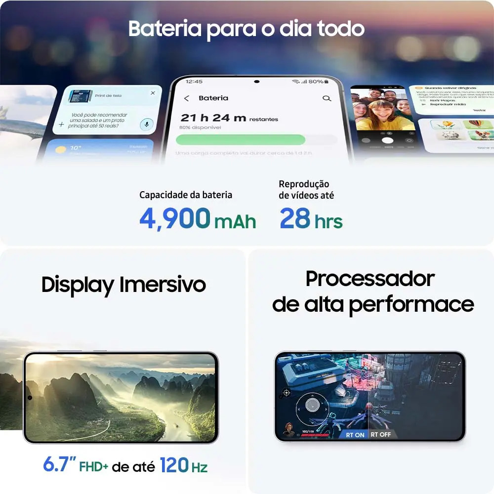 Peça do anúncio do Galaxy S25 FE com a capacidade da bateria de 4.900 mAh e a tela de 6,7 polegadas a 120 Hz