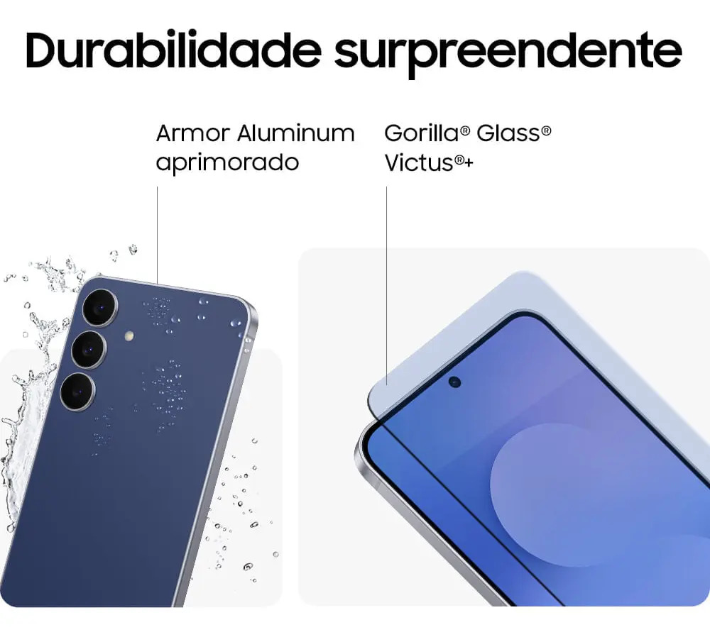 Galaxy S25 FE com respingos de água na traseira e detalhe do vidro que protege a tela