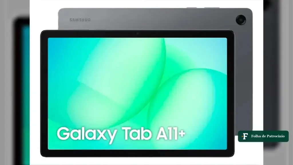 Galaxy Tab A11+ cinza de 128 GB visto de frente, em foto do anúncio do Mercado Livre