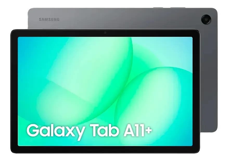 Galaxy Tab A11+ cinza de 128 GB visto de frente, com a tela de 11 polegadas ligada