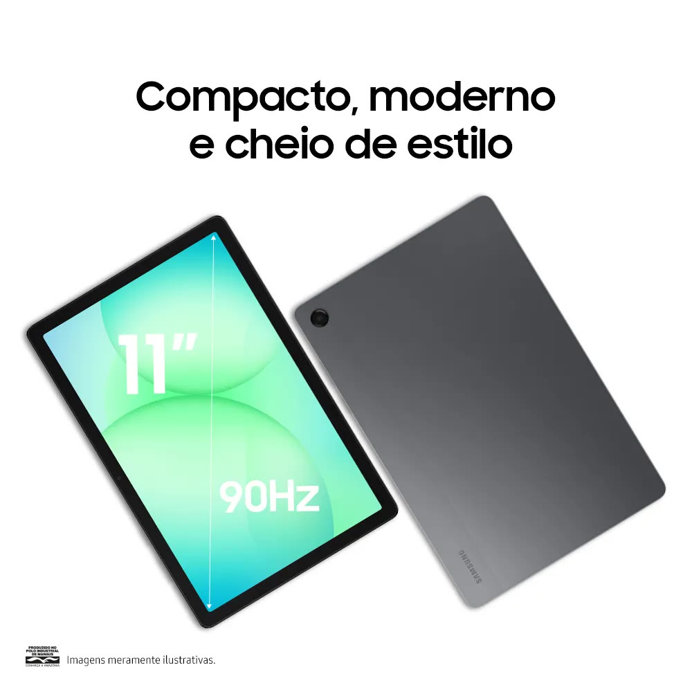Galaxy Tab A11+ deitado sobre a mesa mostrando a traseira cinza e a câmera de 8 MP