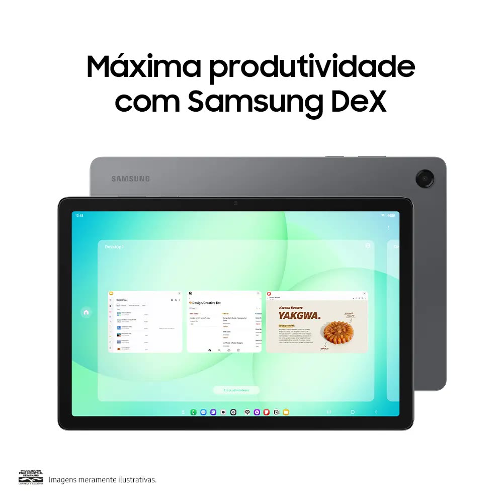 Galaxy Tab A11+ de perfil, mostrando os 6,9 mm de espessura