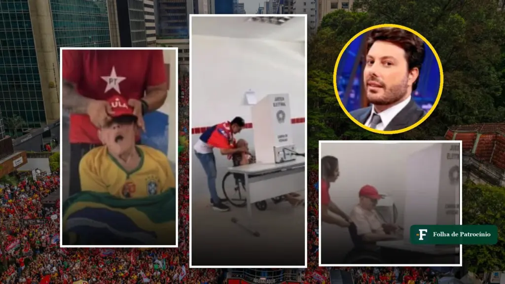 Montagem com cenas de idosos levados para votar e o retrato do humorista Danilo Gentili sobre foto de ato de Lula, imagem sobre Gentili e os idosos