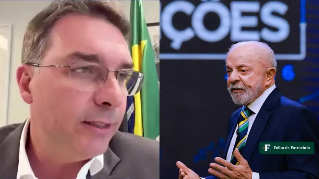 Flávio Bolsonaro em entrevista e Lula no estúdio da Band, candidatos da projeção do Global Election Simulator