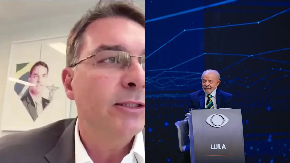 Flávio Bolsonaro em entrevista e Lula no púlpito do debate da Band, candidatos medidos pelo Global Election Simulator