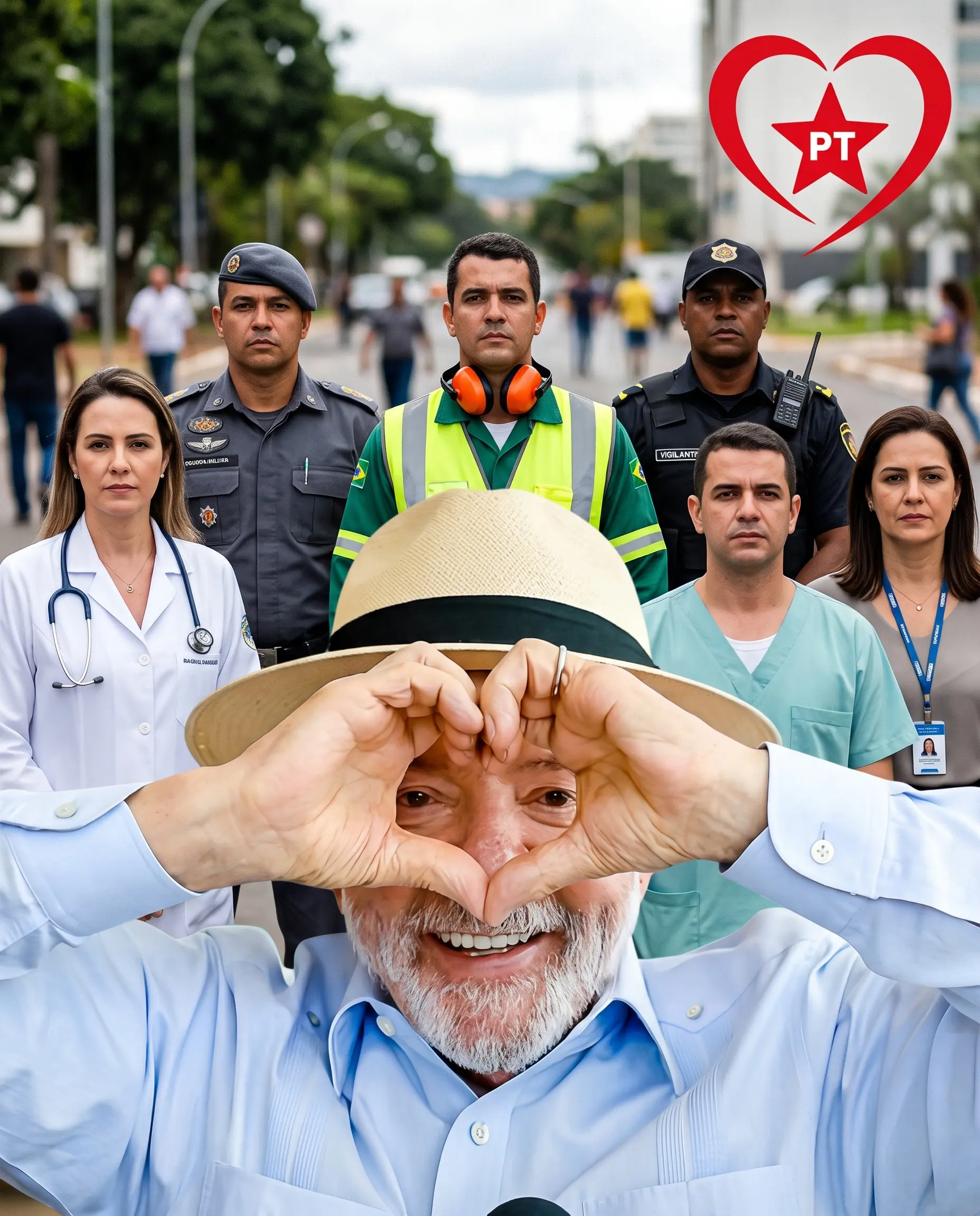 Montagem com Lula fazendo coração com as mãos, trabalhadores de categorias com jornadas atípicas ao fundo e o coração com a estrela do PT, sobre o governo que recua sobre escala 6x1