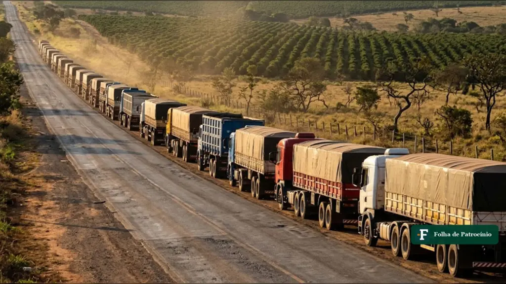 Ilustração de fila de caminhões parados numa rodovia do cerrado, sobre a greve dos caminhoneiros