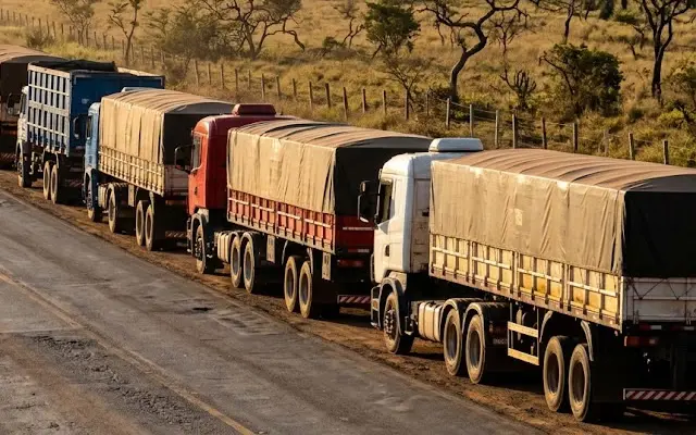 Ilustração de caminhões de carga parados no acostamento, tema da greve dos caminhoneiros
