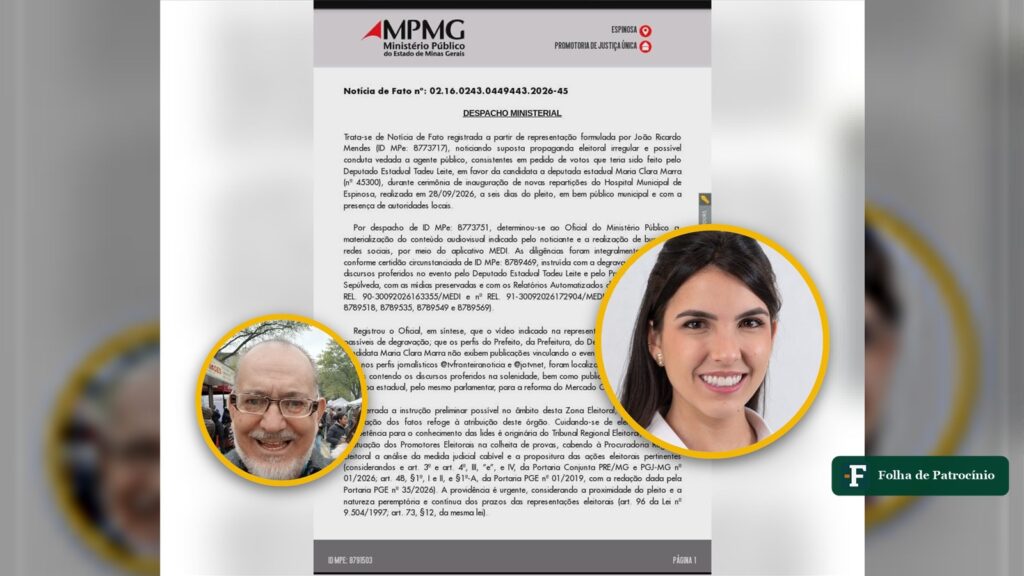 Despacho do MPMG sobre o ato no hospital de Espinosa, com retratos de João Ricardo Mendes e Maria Clara Marra