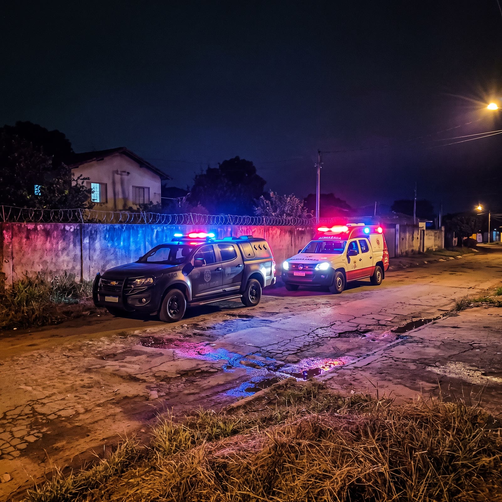 Viatura de polícia e ambulância com luzes acesas numa rua do bairro Congonhas, em Patrocínio, após os tiros no Congonhas (imagem ilustrativa gerada por inteligência artificial)