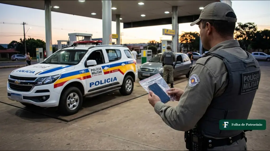 Ilustração de policial militar com um iPhone furtado em saco de evidência num posto de combustíveis