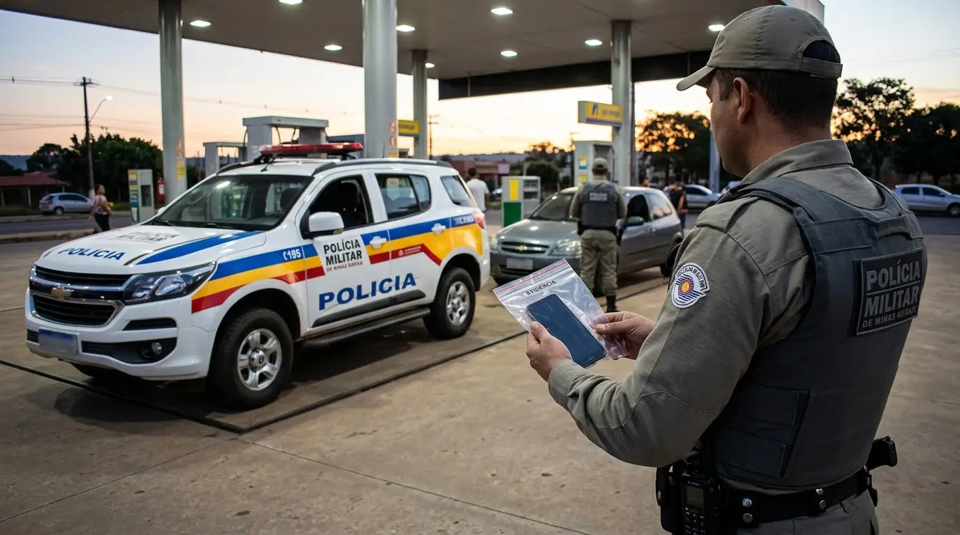 Ilustração de policial militar com um iPhone furtado em saco de evidência num posto de combustíveis
