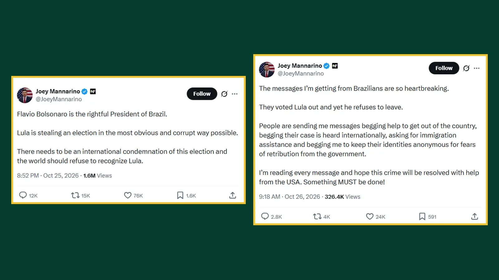 Prints das publicações de Joey Mannarino no X sobre a eleição do Brasil