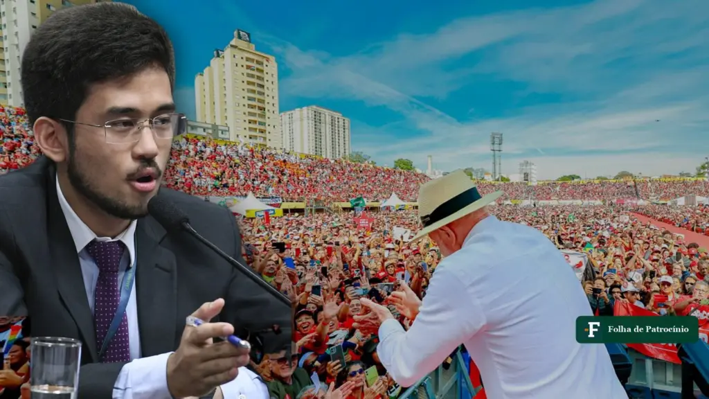Kim Kataguiri pede anulação do segundo turno: montagem com foto do deputado sobre ato da campanha de Lula