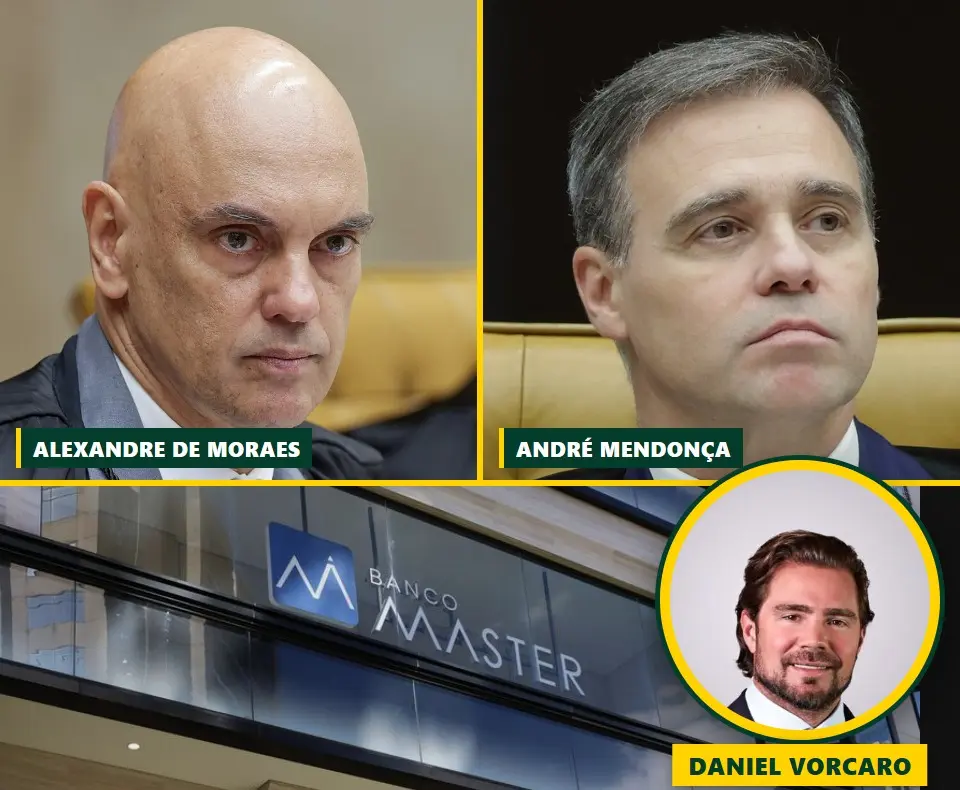Montagem com Alexandre de Moraes, André Mendonça, a fachada do Banco Master e Daniel Vorcaro em destaque num círculo