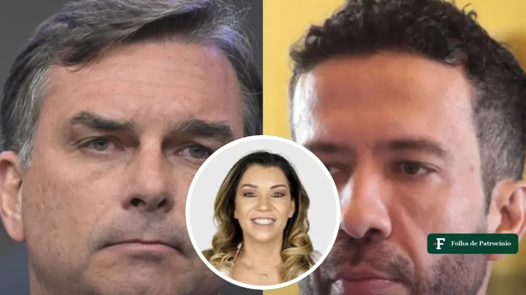Flávio Bolsonaro e André Janones em fotos lado a lado, com retrato de Leandra Guedes ao centro, em montagem de arquivo