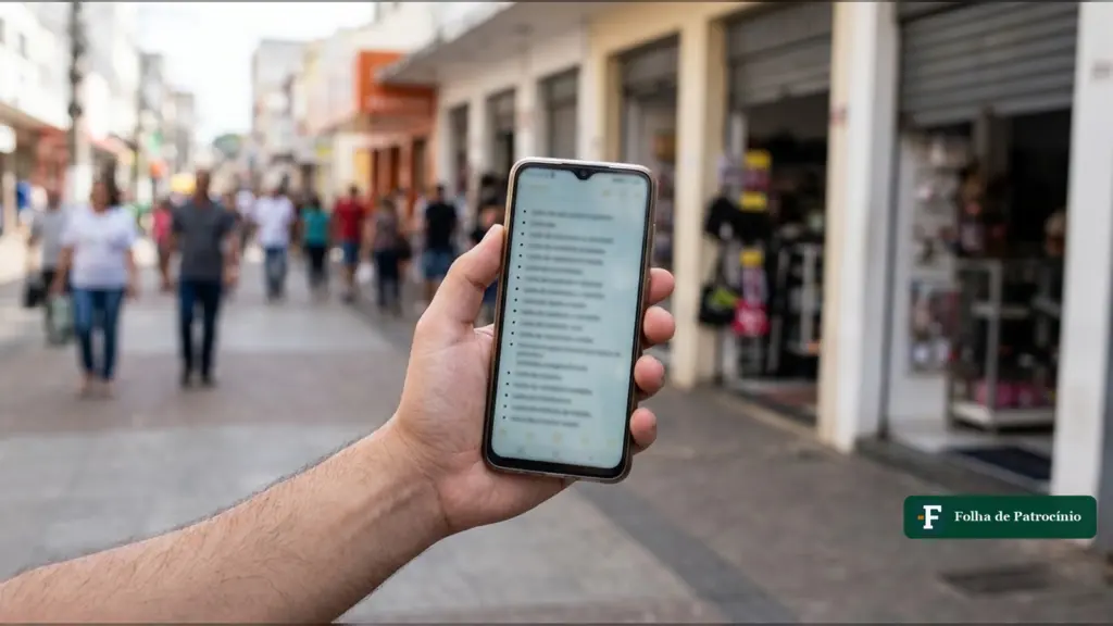 Mão segura celular com uma lista ilegível numa rua de comércio, em ilustração gerada por IA sobre listas de boicote