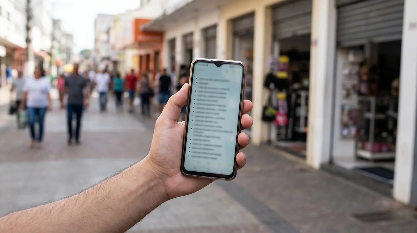 Mão segura celular com uma lista ilegível numa rua de comércio, em ilustração gerada por IA sobre listas de boicote