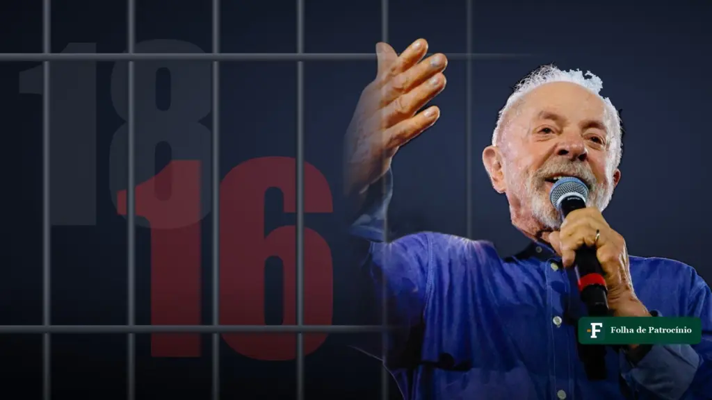 Lula discursa ao microfone diante de grade com os números 18 e 16, montagem sobre a maioridade penal