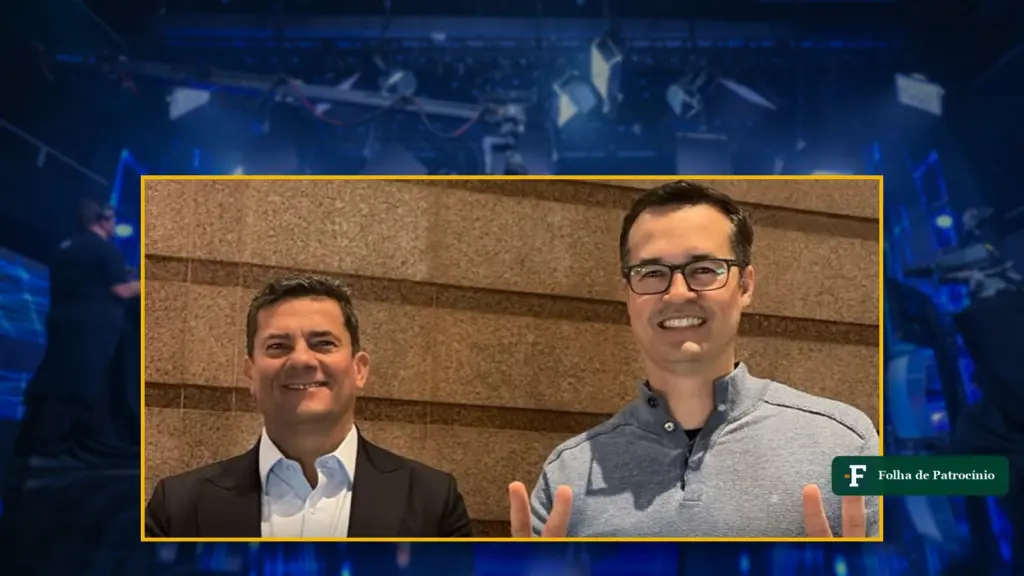 Montagem com Moro e Deltan no debate: os dois fazem o 22 sobre o cenário do estúdio de debates da Band