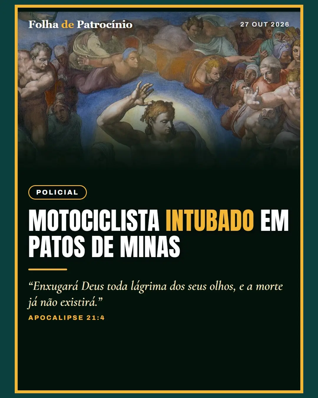 Banner da Folha com mensagem bíblica de esperança sobre o acidente em Patos de Minas