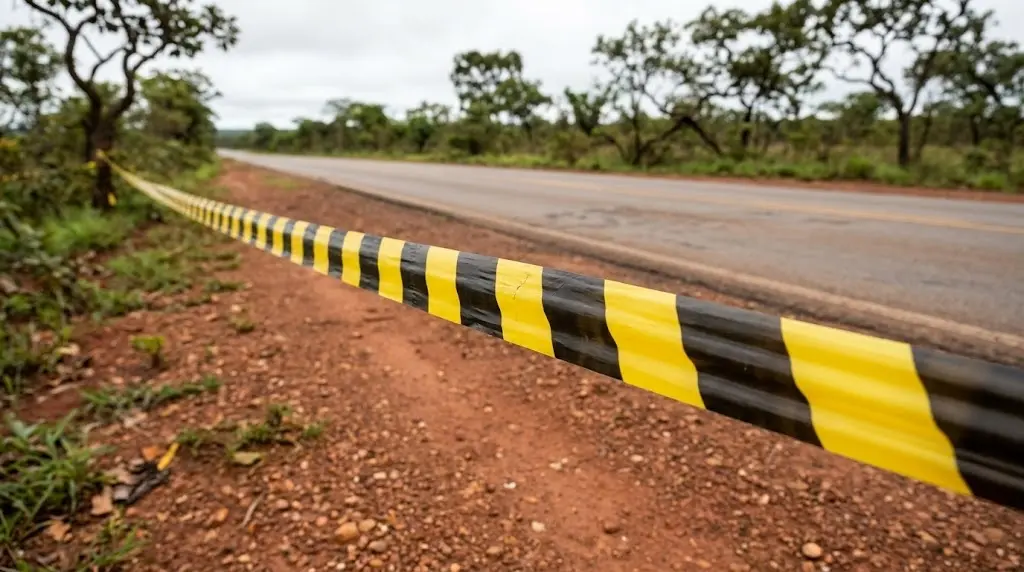 Fita de isolamento na beira de rodovia do cerrado, ilustração sobre a mulher morta na MG-188