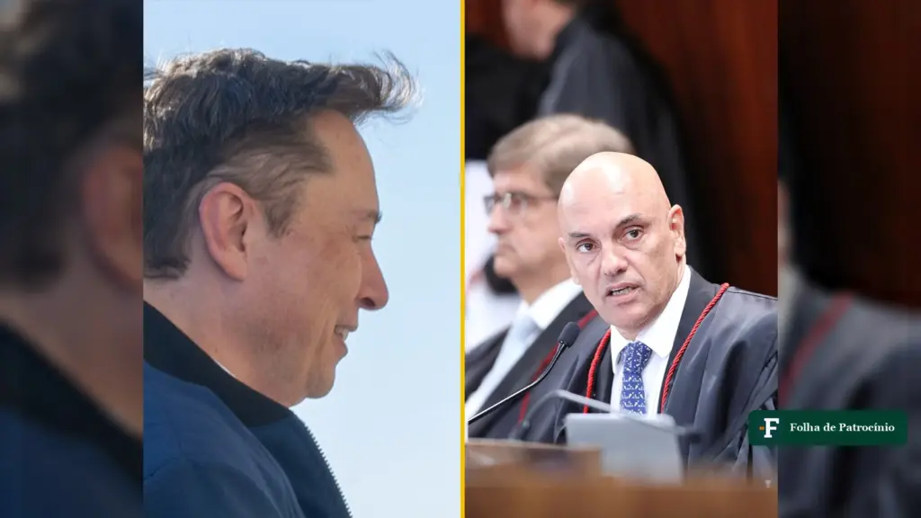 Musk e Moraes: montagem com Elon Musk de perfil, à esquerda, e o ministro Alexandre de Moraes falando ao microfone, à direita