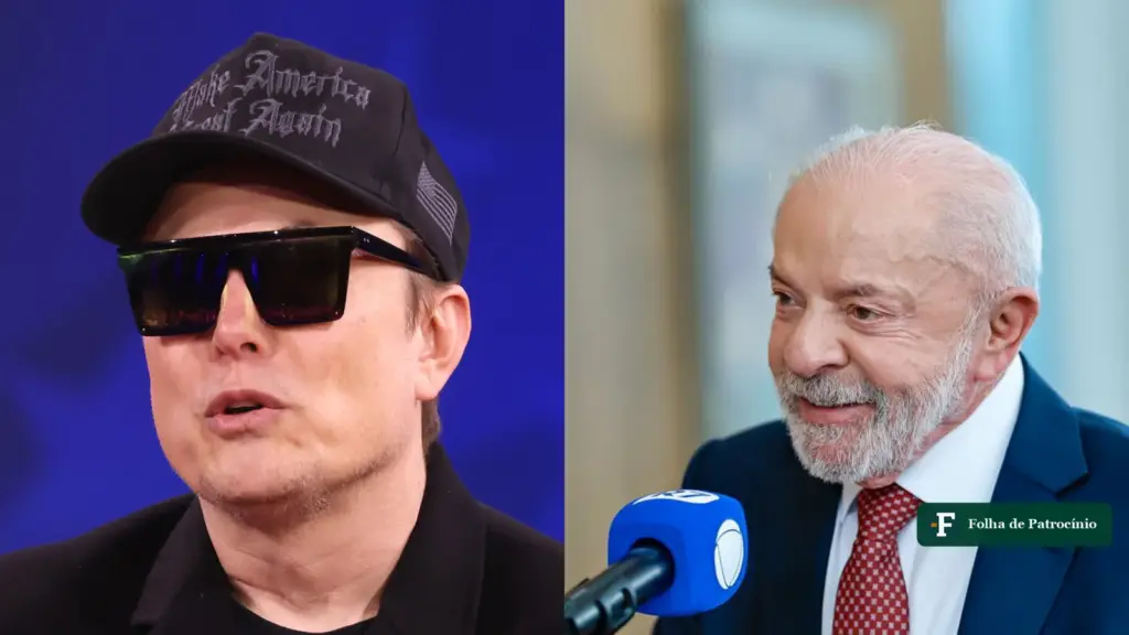 Elon Musk e Lula lado a lado, em fotos de arquivo, no contexto em que Musk questiona vitória de Lula