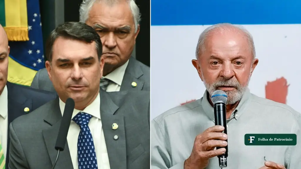 Retratos lado a lado de Flávio Bolsonaro e Lula, candidatos medidos pela nova pesquisa Ipespe do segundo turno