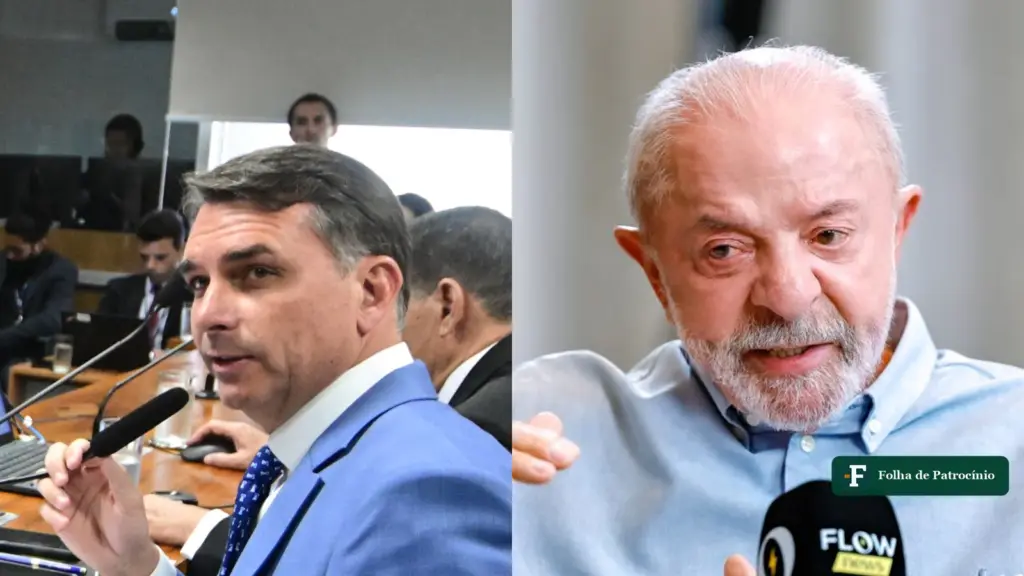 Flávio Bolsonaro fala ao microfone no Senado e Lula fala em entrevista, lado a lado, na nova pesquisa Quaest