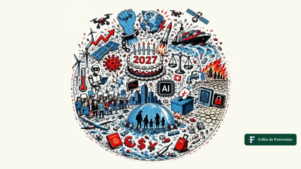 O mundo em 2027: ilustração circular com punho, foguete, navio, urna, cúpula e um bolo de aniversário com velas