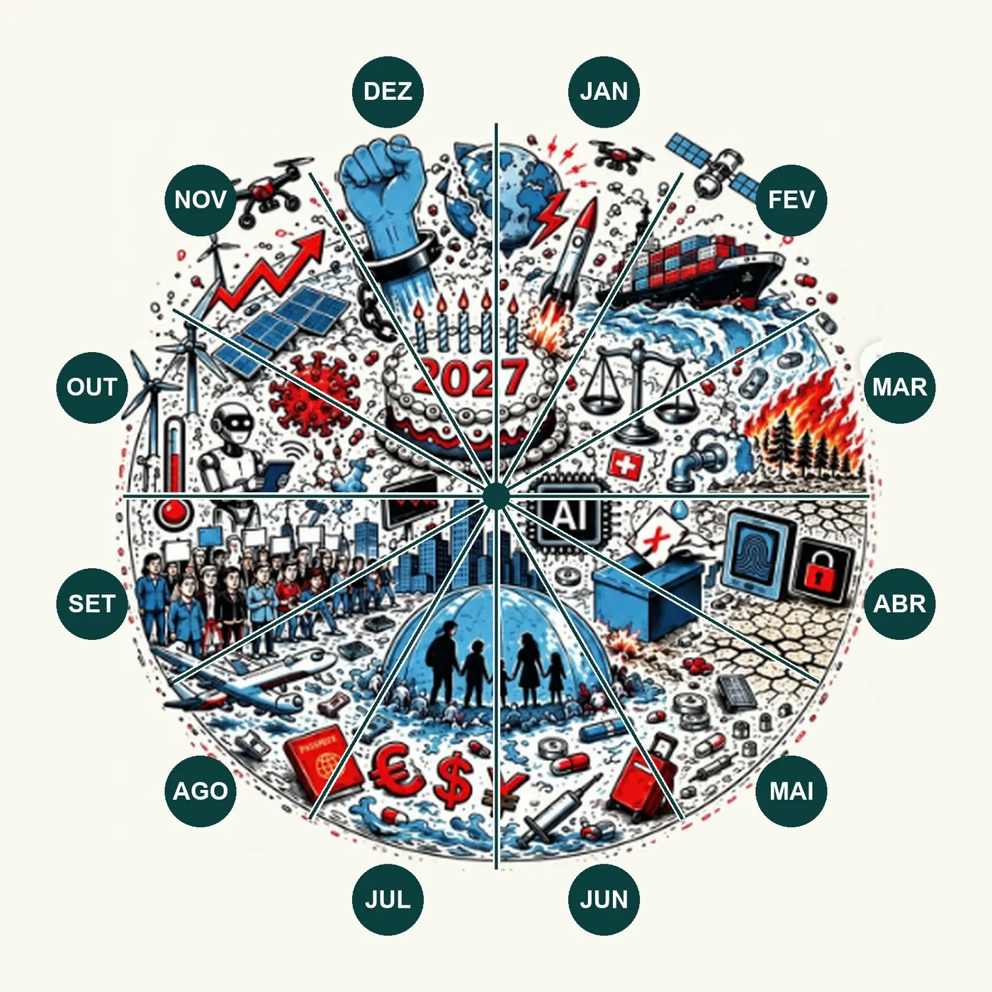 O mundo em 2027 dividido em 12 fatias, uma para cada mês, de janeiro a dezembro, sobre a ilustração circular