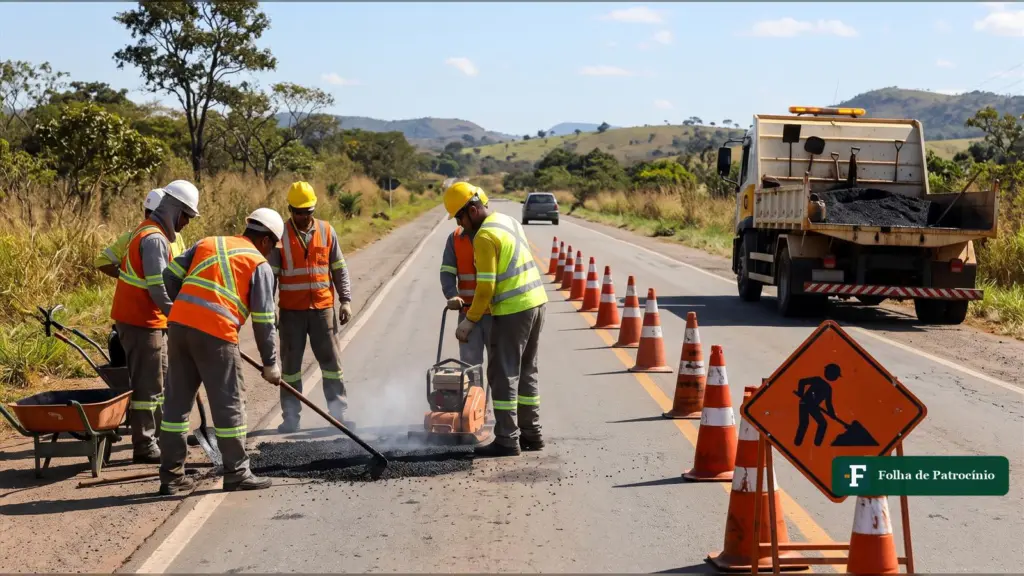 Equipe de conservação trabalha em rodovia sinalizada com cones, em obra de reparo no pavimento