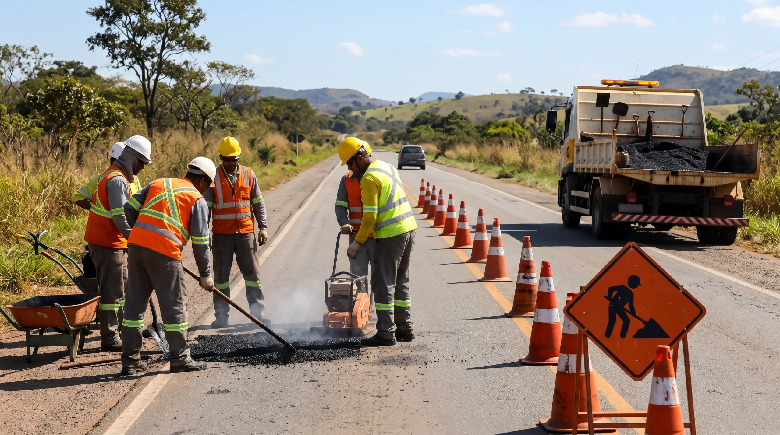 Equipe de conservação em rodovia sinalizada com cones, ilustrando as obras da EPR Triângulo